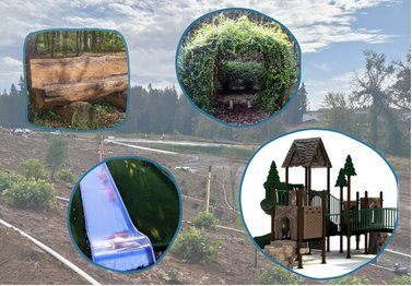 Construction site photo with photo overlays of a tree trunk bench, a vine arch, a hill slide and a forest themed playground.