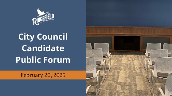Graphic with text 'City Council Candidate Public Forum. February 20, 2025.'