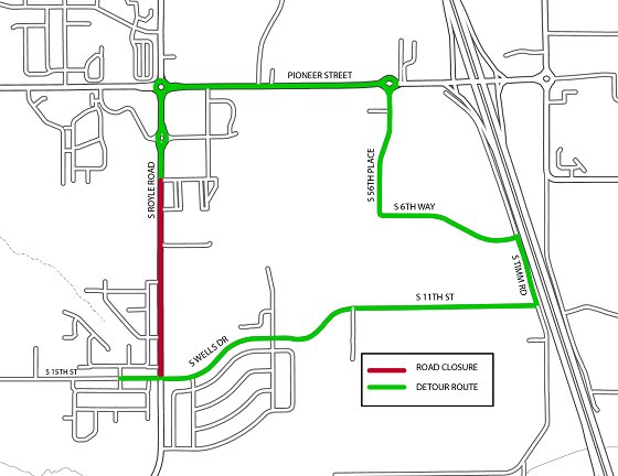 Detour map showing closure on S Royle Road and detour via 56th Pl, Timm Rd, and Wells Drive.