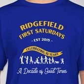 Bright blue 10th Anniversary Ridgefield First Saturdays t-shirt.