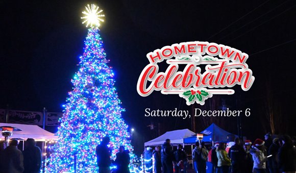 Overlook Park tree with graphic overlay 'Hometown Celebration. Saturday, December 6.