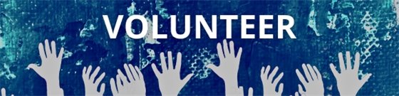 Graphic with many hands raised and text 'Volunteer.'