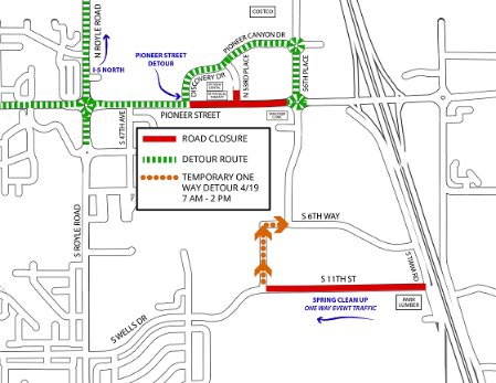 Detour map for Spring Clean Up closure of S 11th Street on Saturday, April 19.