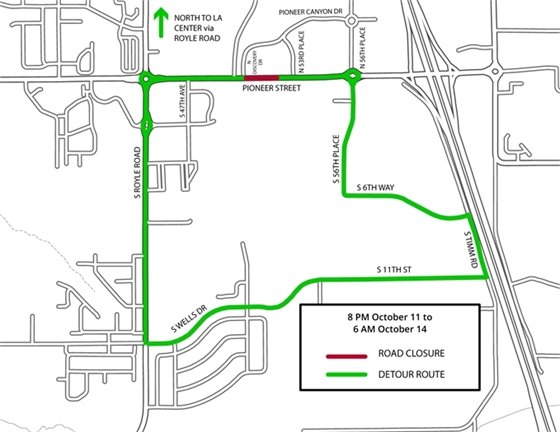 Detour map for October 11-14 closure on Pioneer Street.