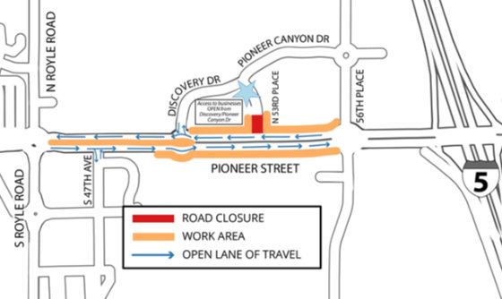 Traffic diagram showing thecupcoming closure of N 53rd and opening of Discovery Drive.