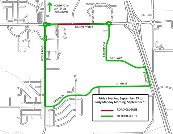 Detour map for Pioneer Street closure September 13-16, 2024