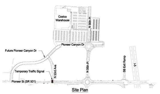 Map showing the roads between Pioneer Street and the Ridgefield Costco Warehouse.