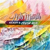 Group of color run participants with Art Month Kickoff & Color Run logo