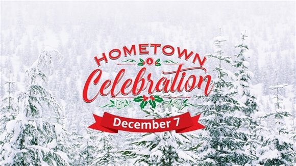 Snow covered forest with Hometown Celebration Logo.