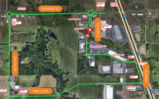 Aerial map image showing closure on S 56th Pl and detour route along Pioneer St, Royle Rd, Wells Dr and Timm Rd. Text says ‘Traffic Update. S 56th Place CLOSED south of Vancouver Clinic to north of S 6th Way Thursday June 29 and Monday July 3.’