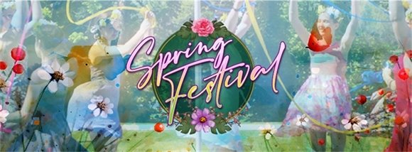 Dancers with 'Spring Festival' logo.