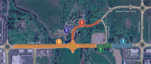Project phasing map for Pioneer Widening and Discovery Drive roundabout.