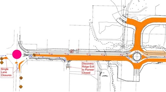 Traffic diagram showing the shifted lanes on Pioneer Street.
