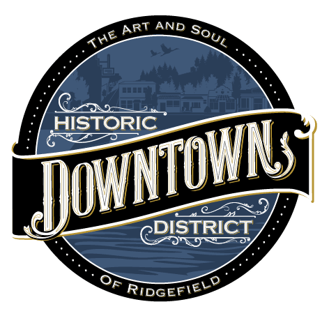 Circular black, blue and gold logo with text 'Historic Downtown District.'