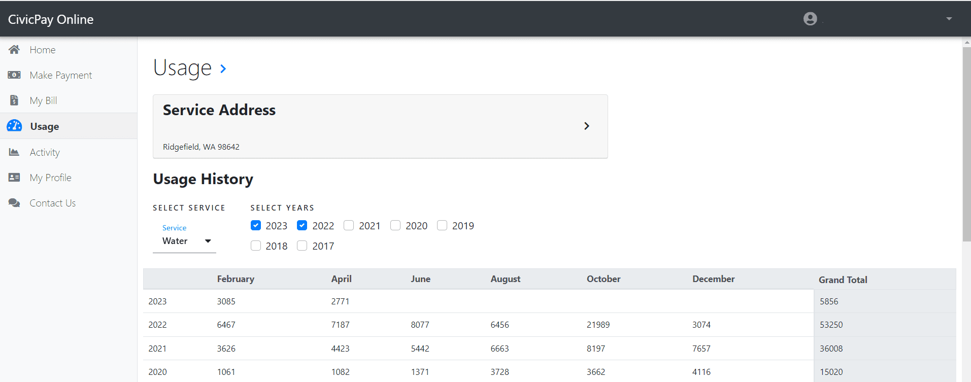 Screen capture of where to view past water usage in online utility account management.