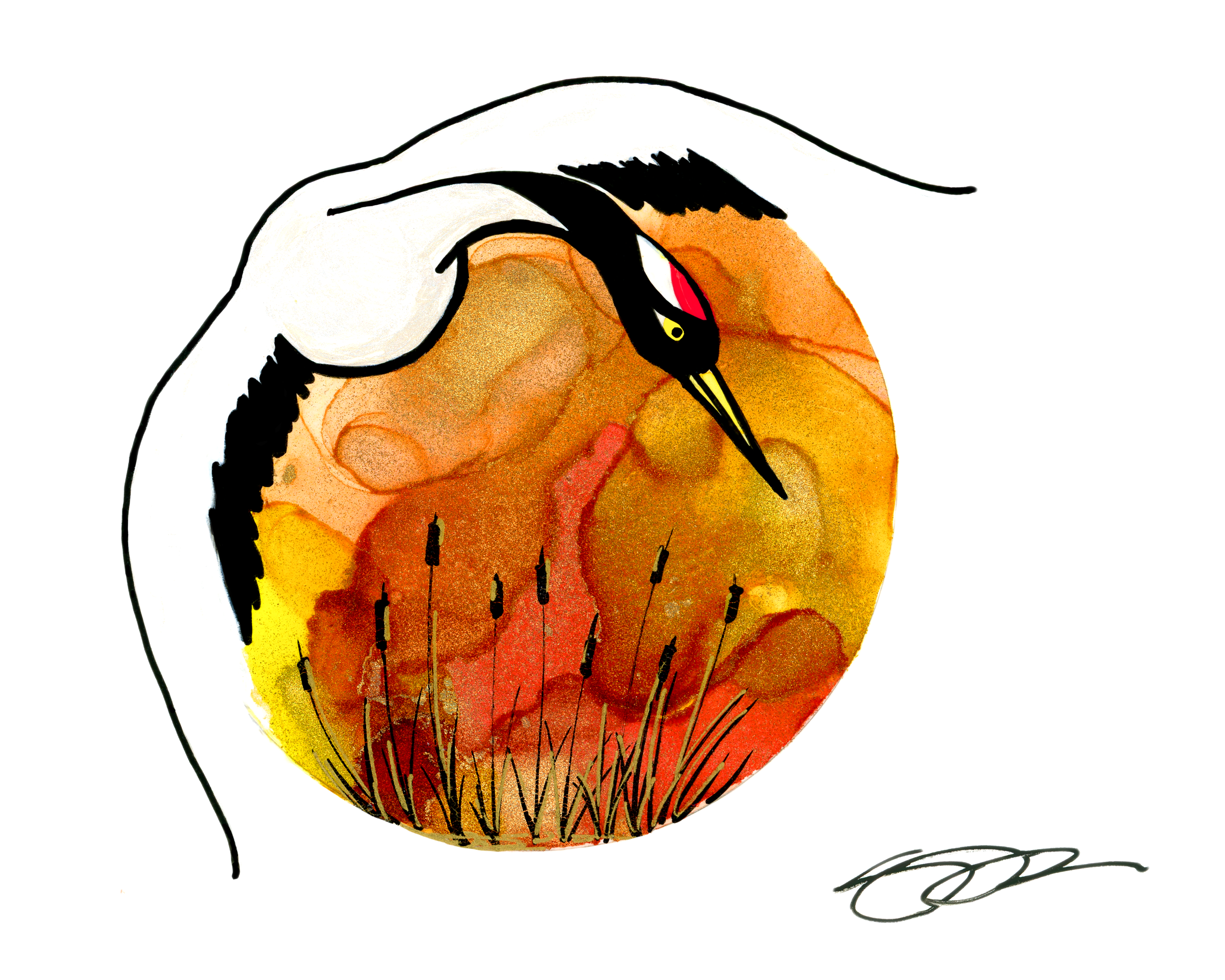 A heron surrounds a circle of oranges, red, and golds.