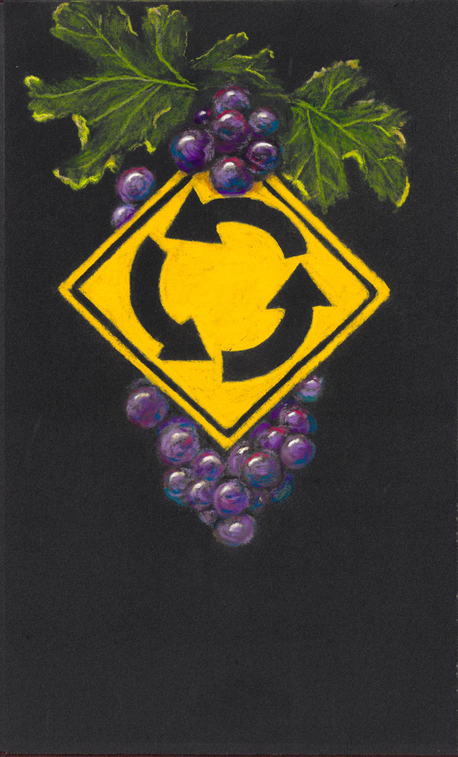 A painting of a roundabout sign with a bunch of grapes.