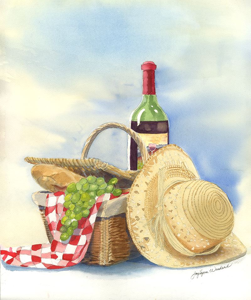 A painting of a picnic basket with grapes, bread, and a bottle of wine.
