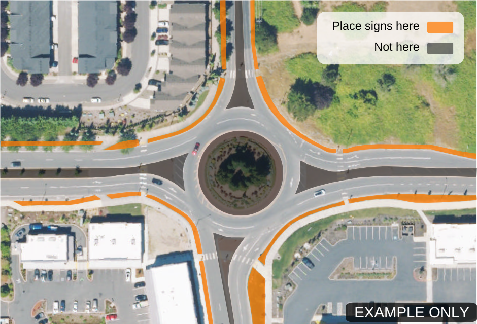 Aerial view of Royle Road/Pioneer Street roundabout with overlay of color coded areas