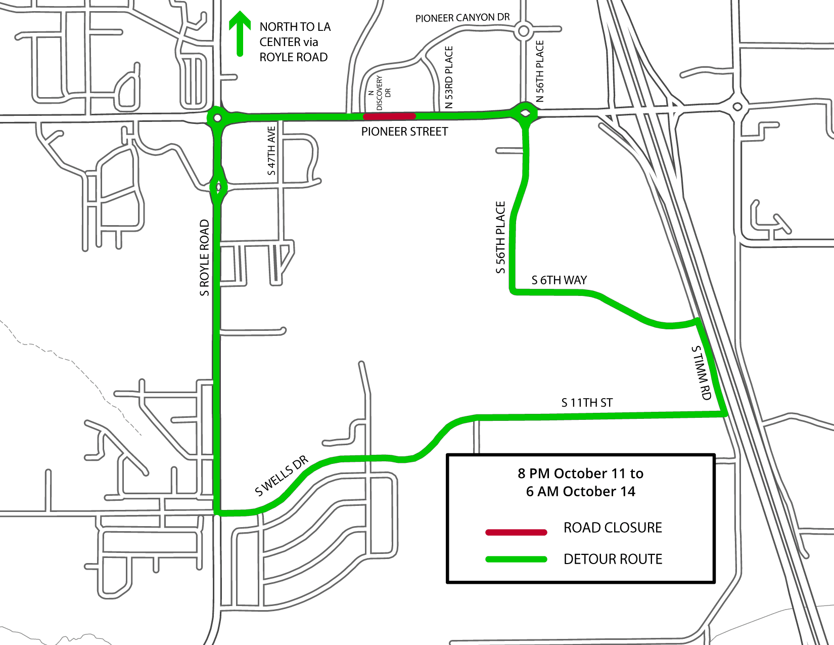 Map showing closure of Pioneer Street between Discovery Drive and just west of 53rd Place.