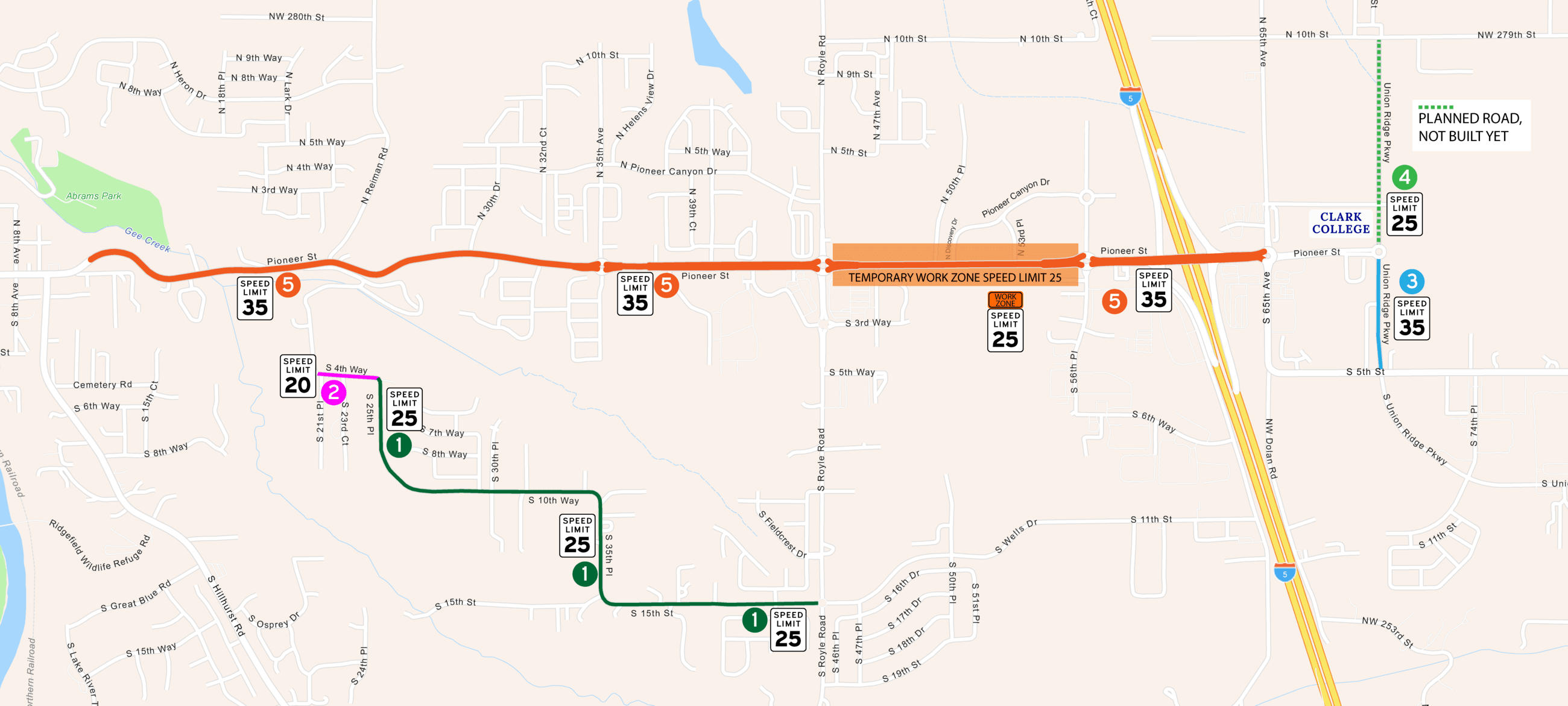 Map marking the streets and new speed limits effective November 28, 2024.