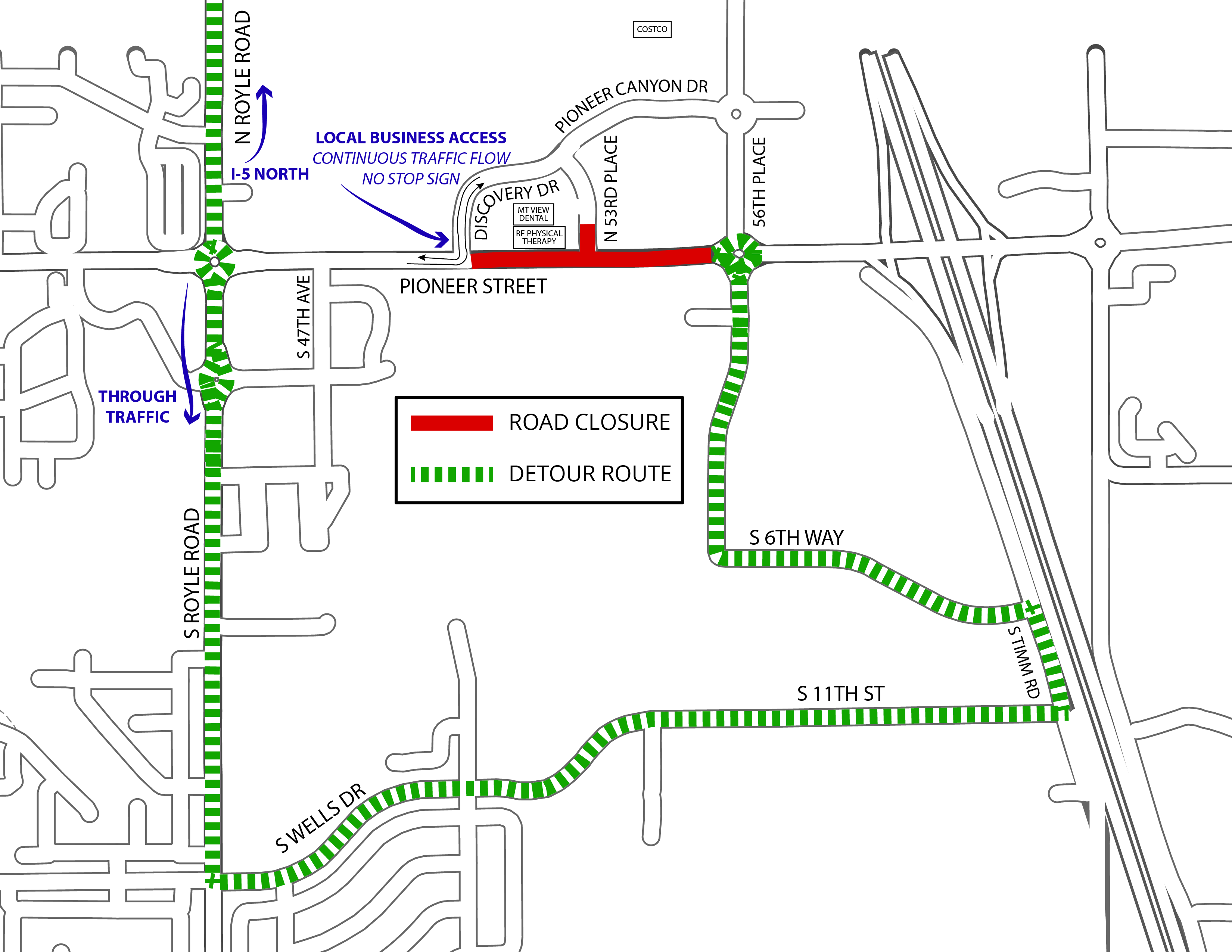 Detour map for Pioneer Street closure.