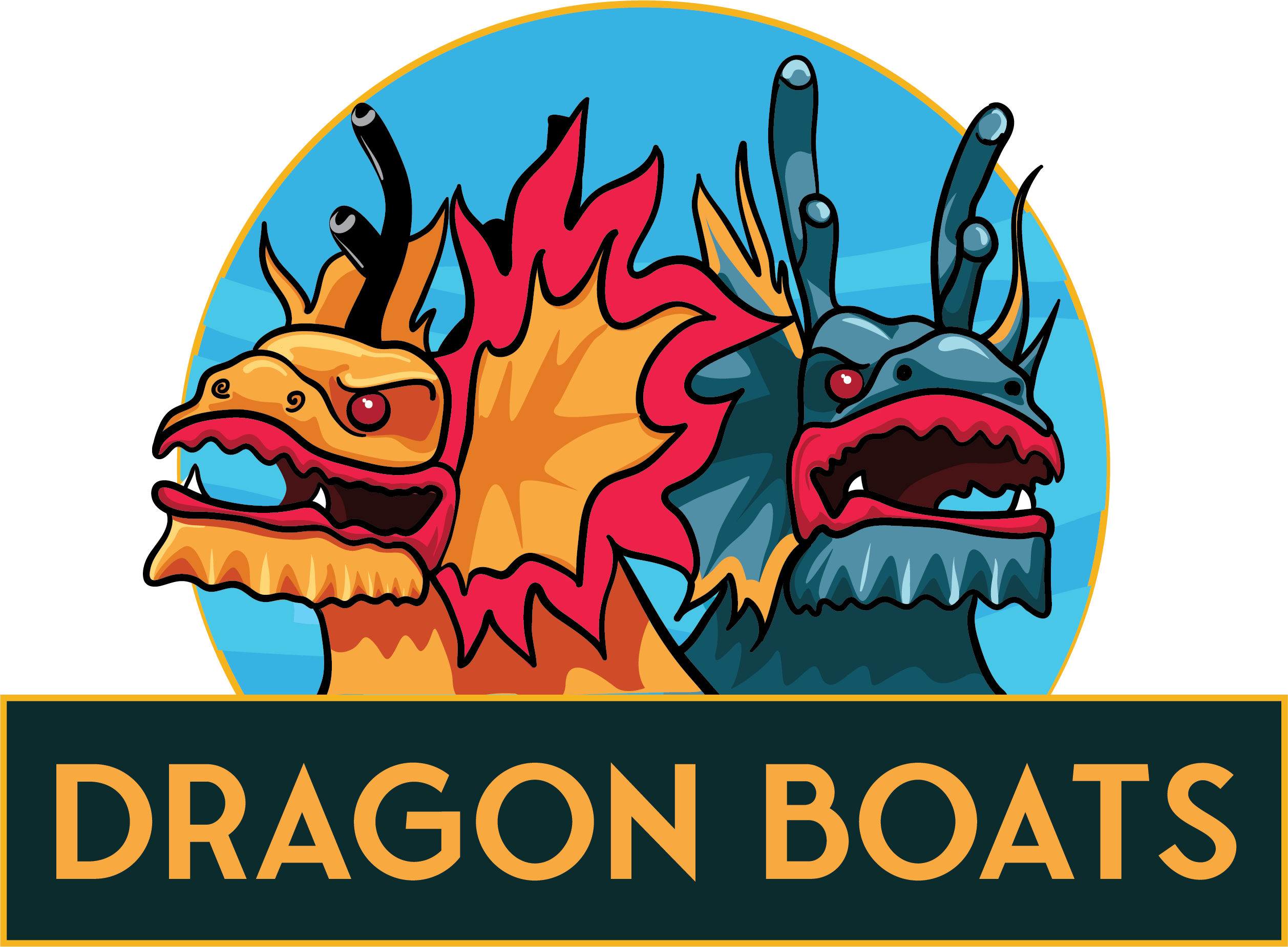 Two dragon boat heads with \"Dragon Boats\" text.