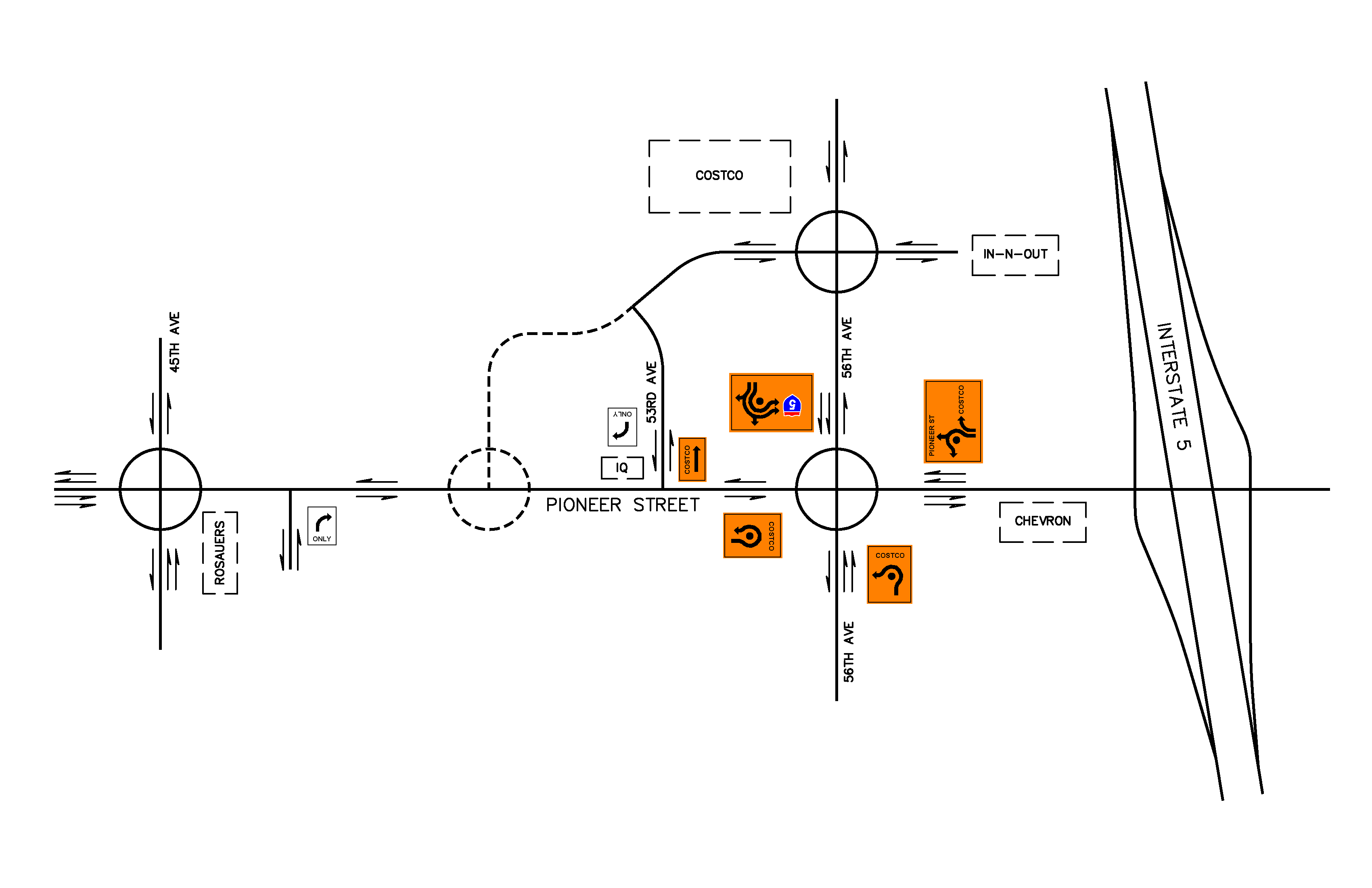 Traffic diagram of the described 56 and Pioneer Roundabout adjustments.